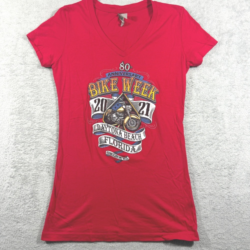 Next Level Daytona Bike Week 80th Anniversary Tee Women M Red V-Neck Graphic